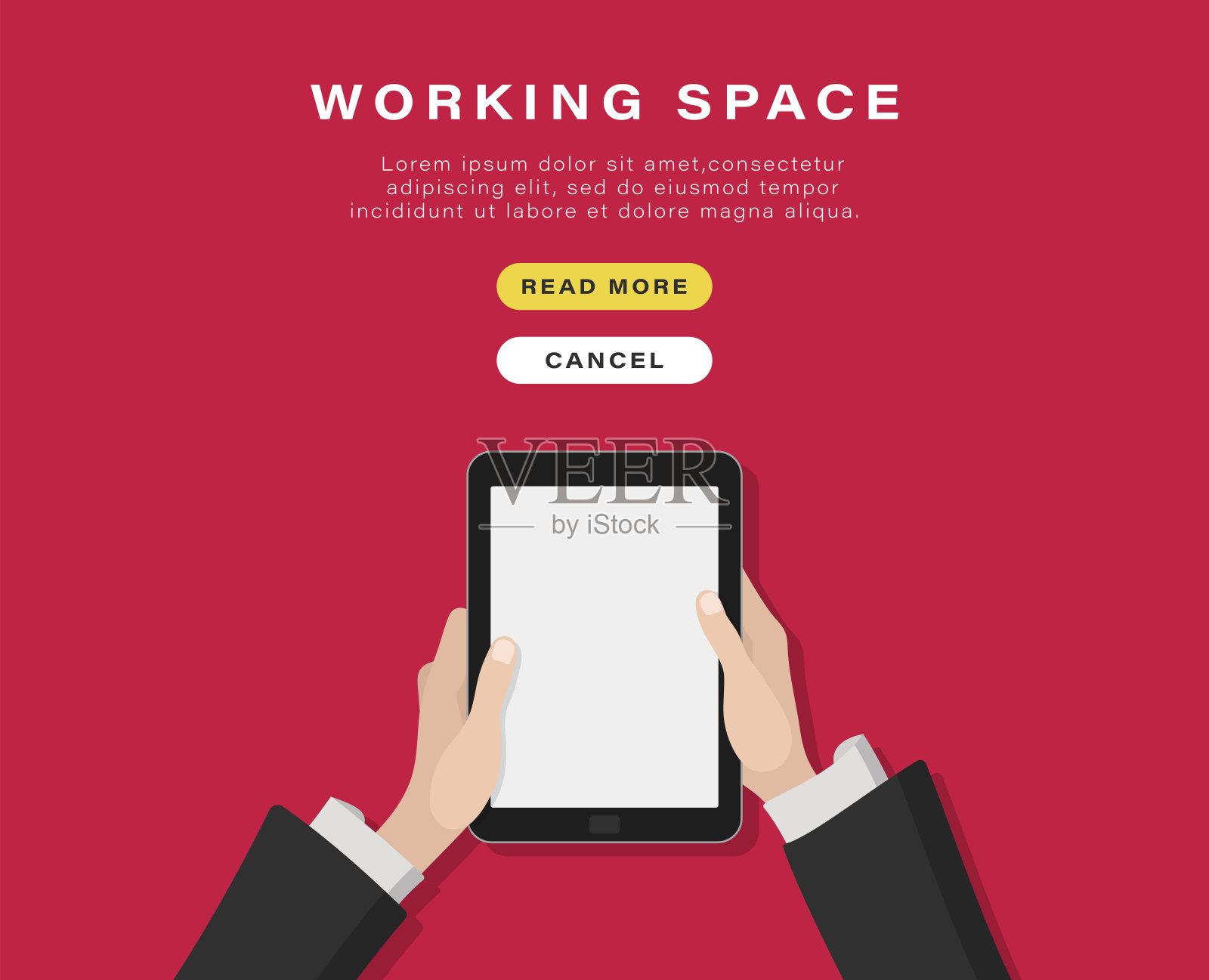 业务横幅、背景。人类的手拿着一个平板电脑,红色背景上有世界地图。业务空间。矢量插图。插画图片素材