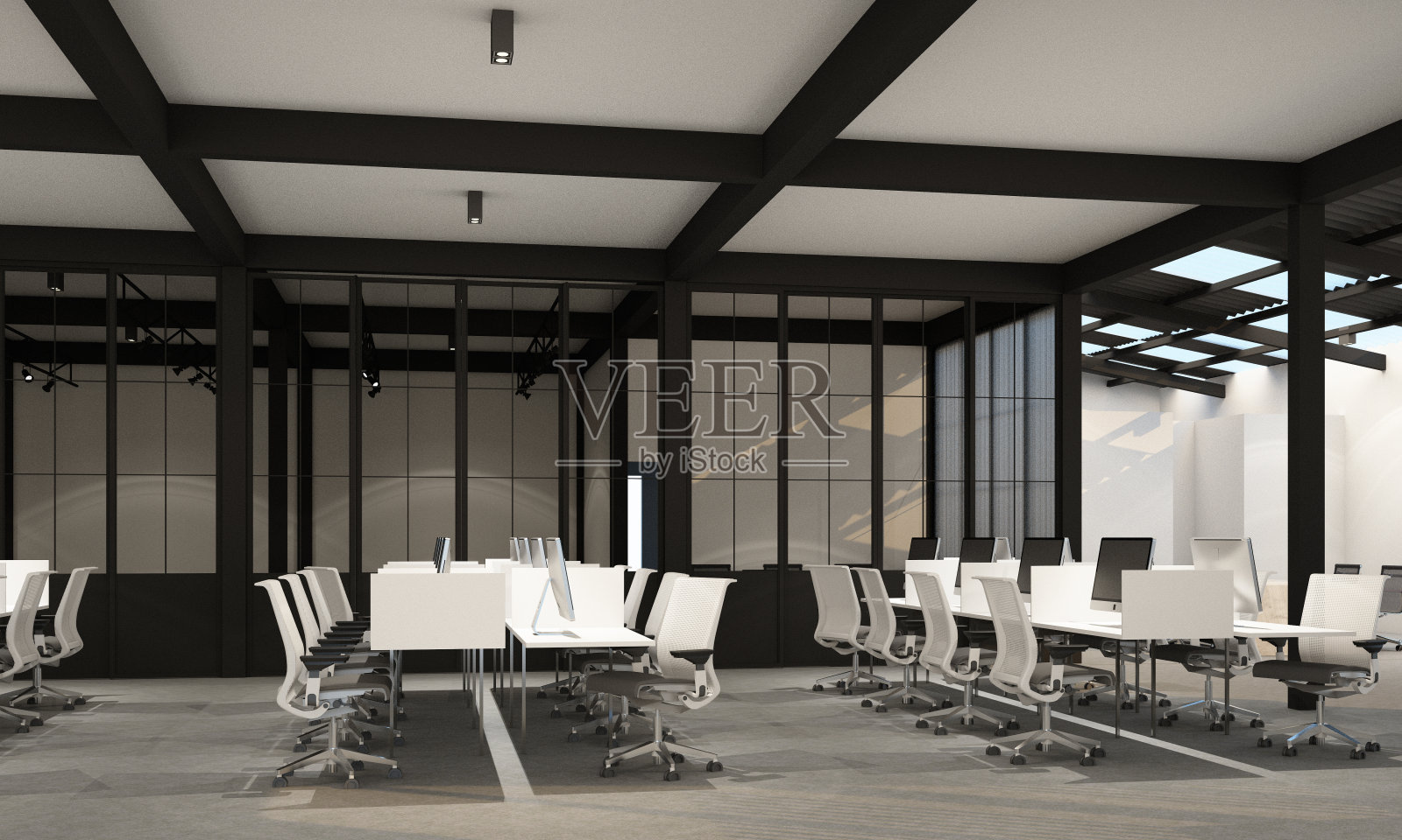 工作区域在现代办公室地毯地板在现代白色色调风格和会议室。室内3 d渲染照片摄影图片