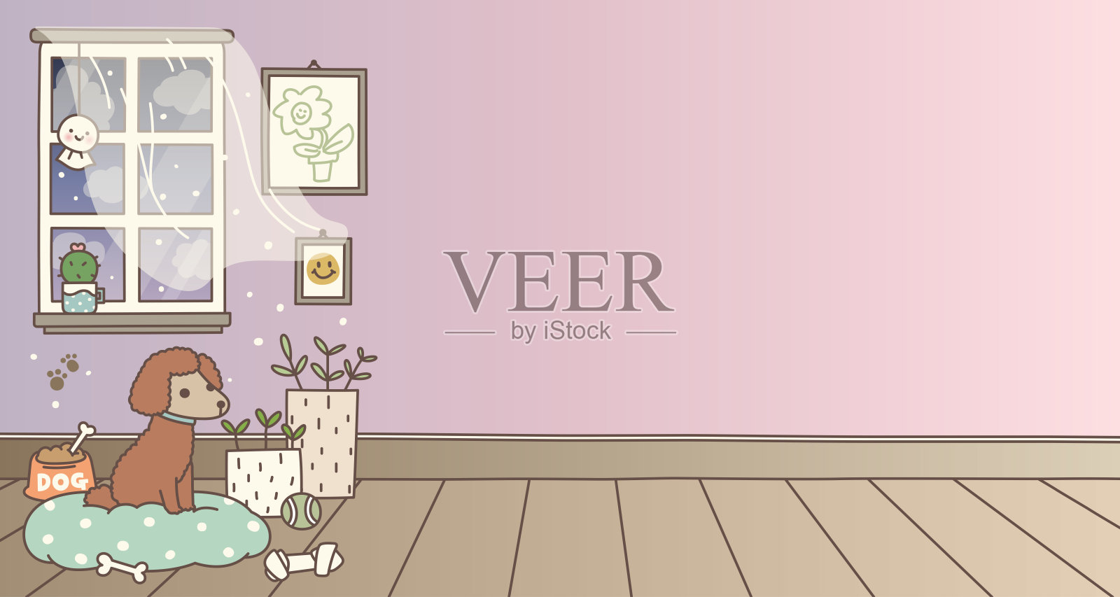 可爱的手绘空墙与贵宾犬矢量插图。空白的墙。插画图片素材