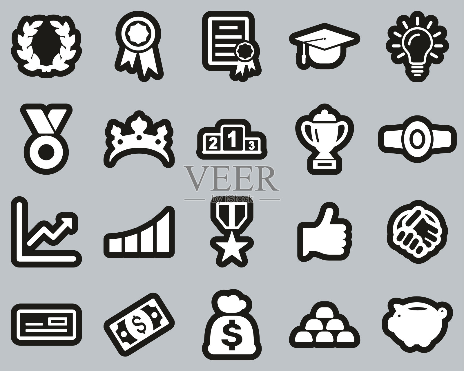 成功和成就图标白色在黑色贴纸设置大图标素材