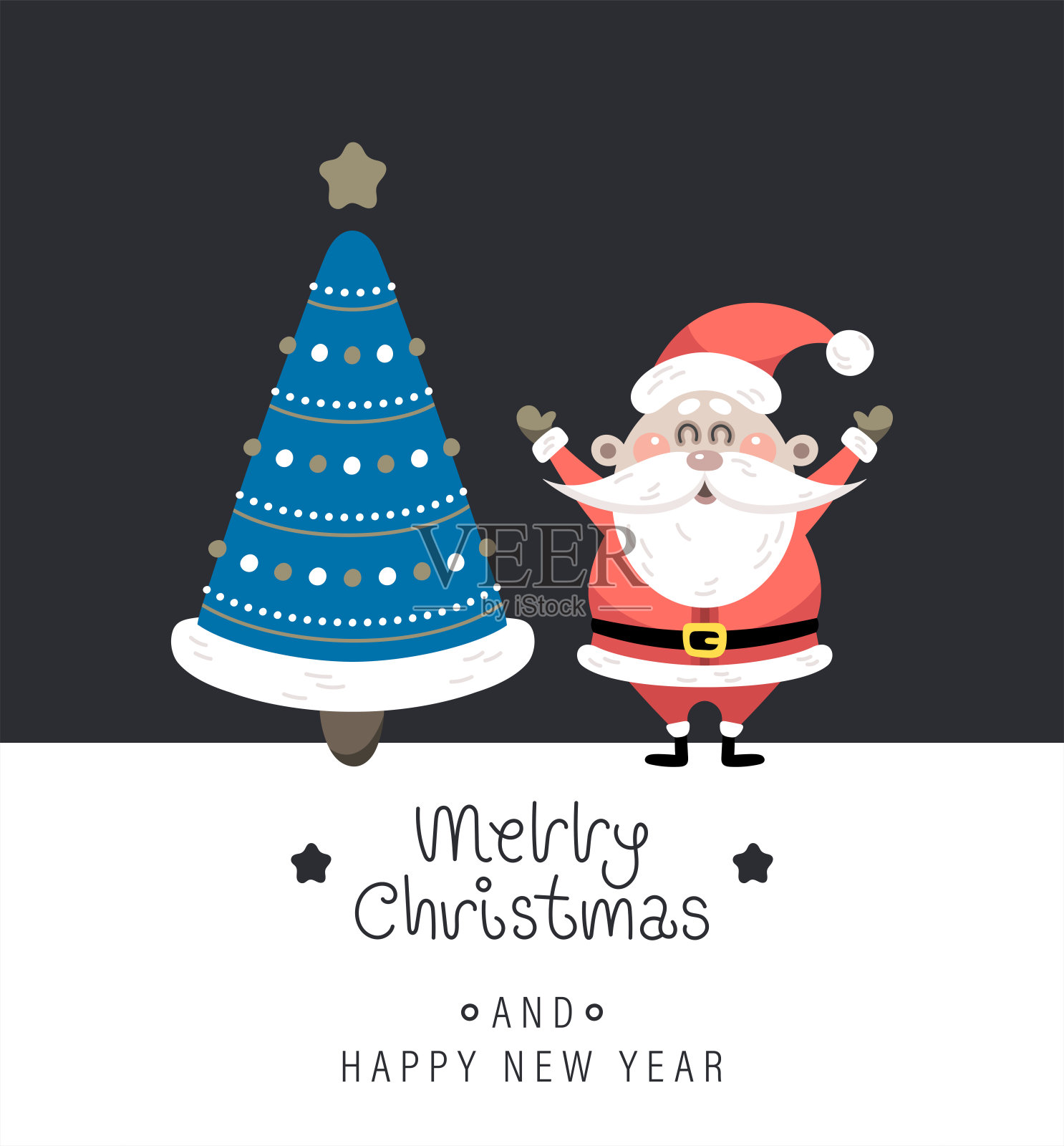圣诞快乐新年贺卡,可爱的圣诞老人、圣诞树和问候语矢量插画插画图片素材