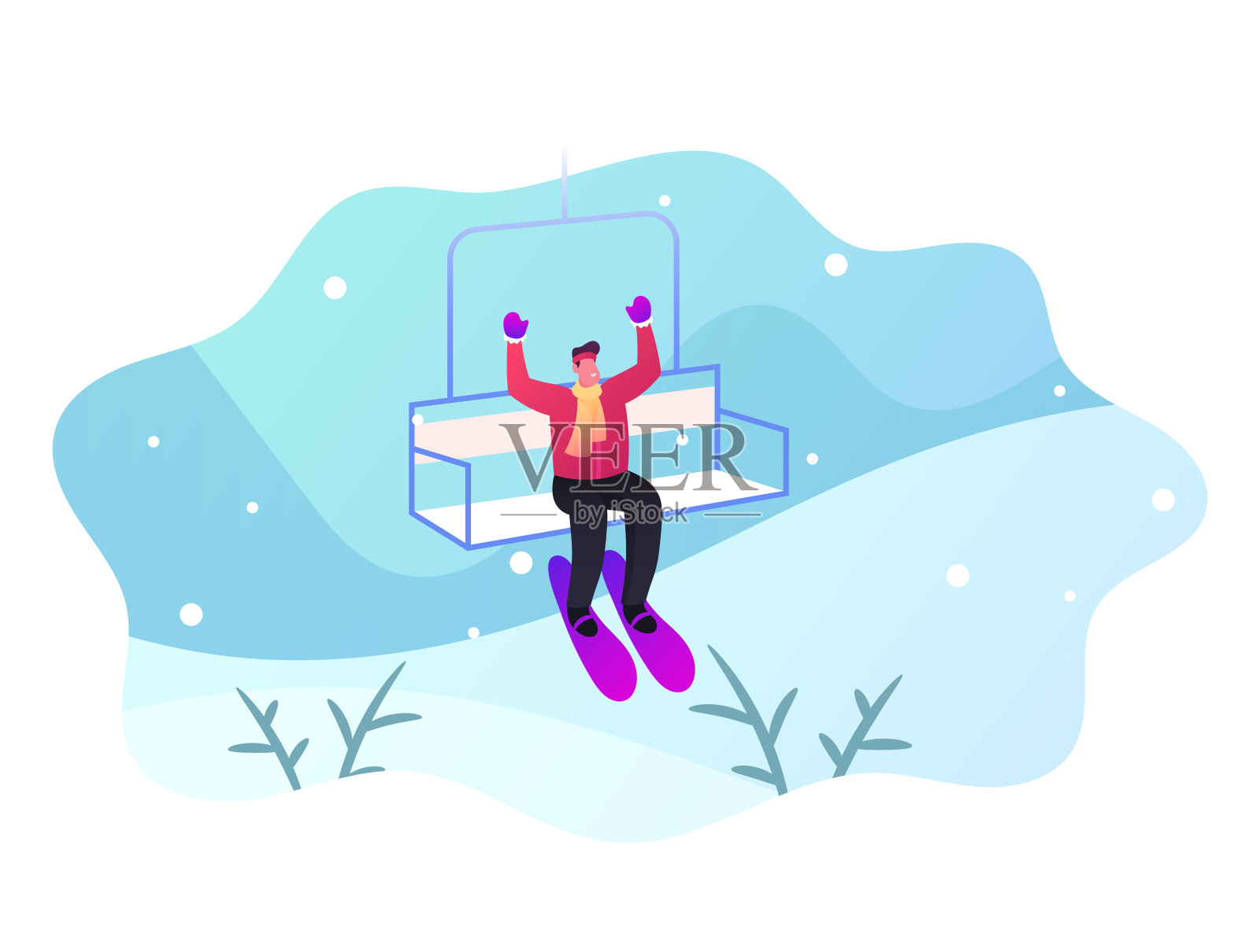 快乐的男人滑雪乘坐缆车上山插画图片素材