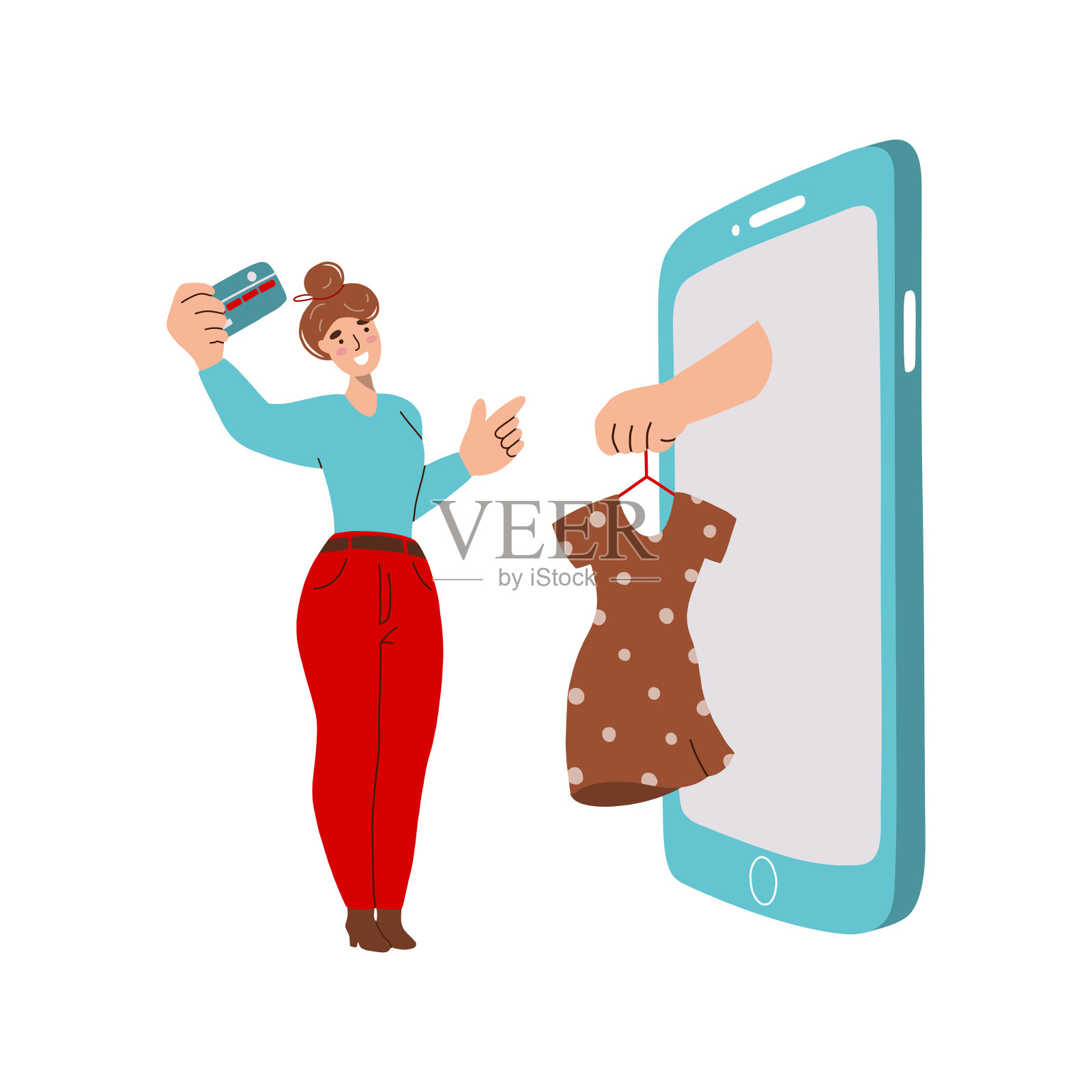 在网上买衣服的女人插画图片素材