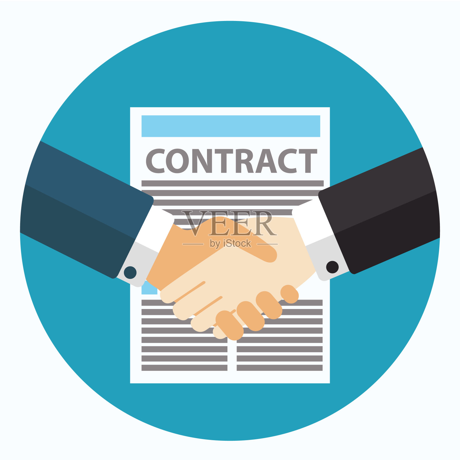 商家手签业务合同纸后手握协议,新潮扁平设计。插画图片素材