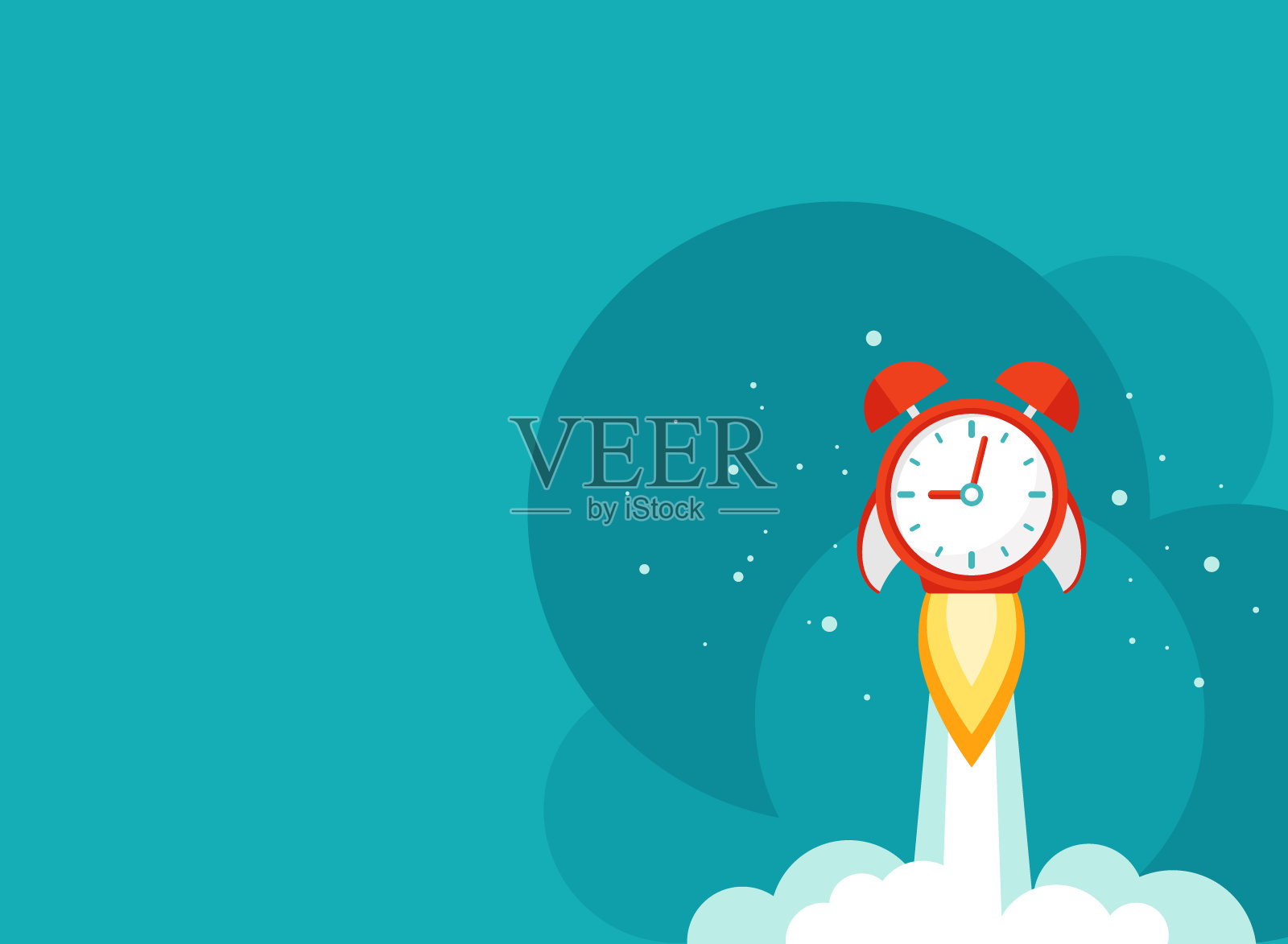 水平背景与红色闹钟火箭飞船与宇宙恒星和云。时间、手表、限量供应、截止日期。插画图片素材