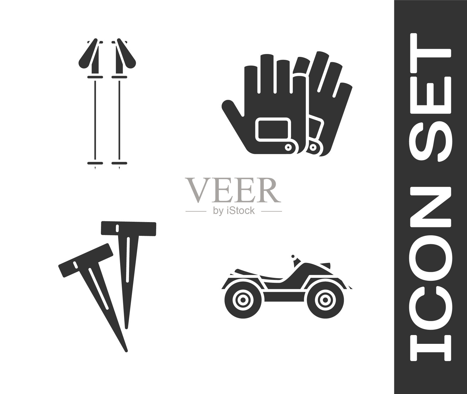 设置所有地形车辆或ATV摩托车,滑雪杆,帐篷和手套的钉子图标。向量图标素材