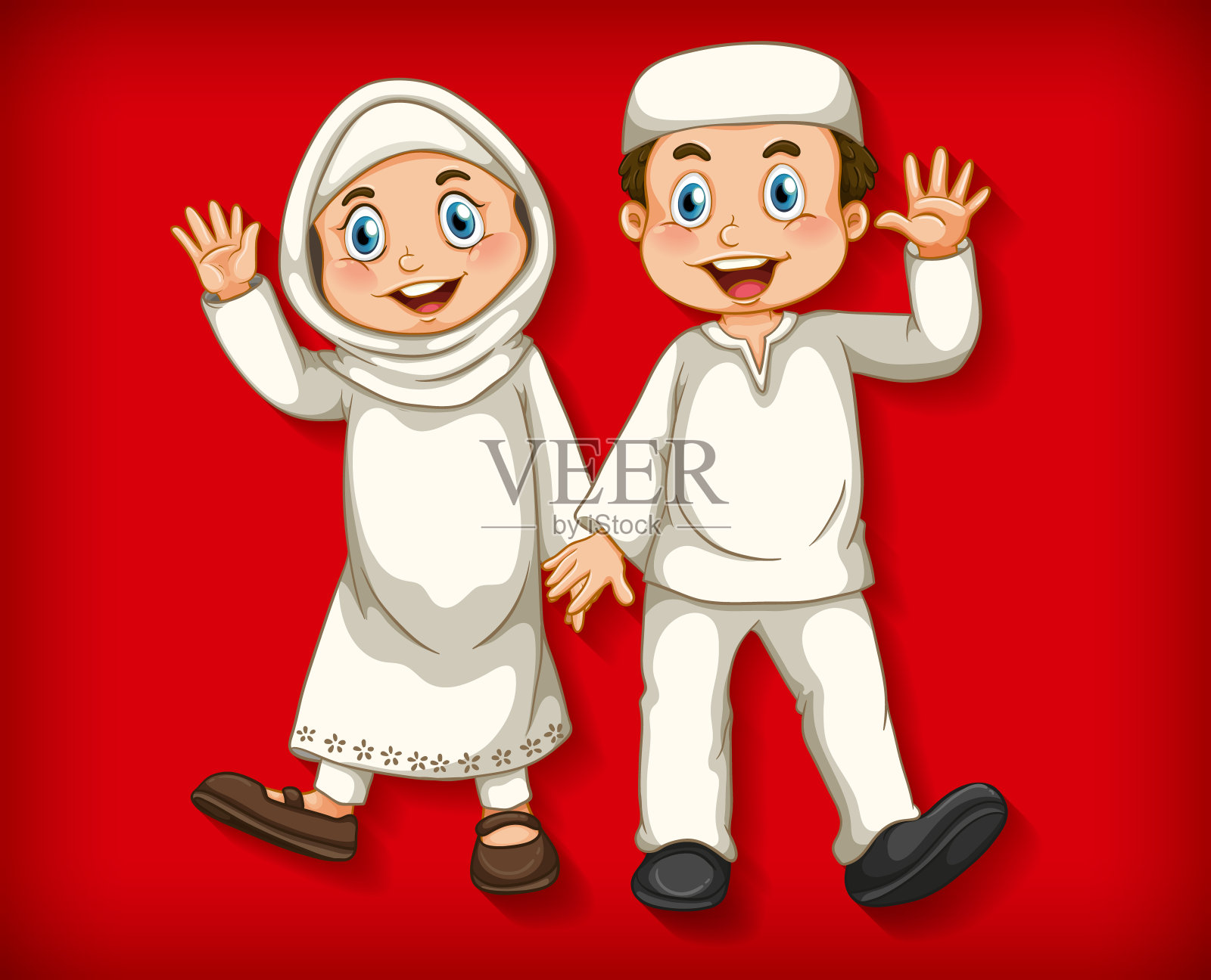 快乐的穆斯林夫妇在颜色梯度的背景插画图片素材