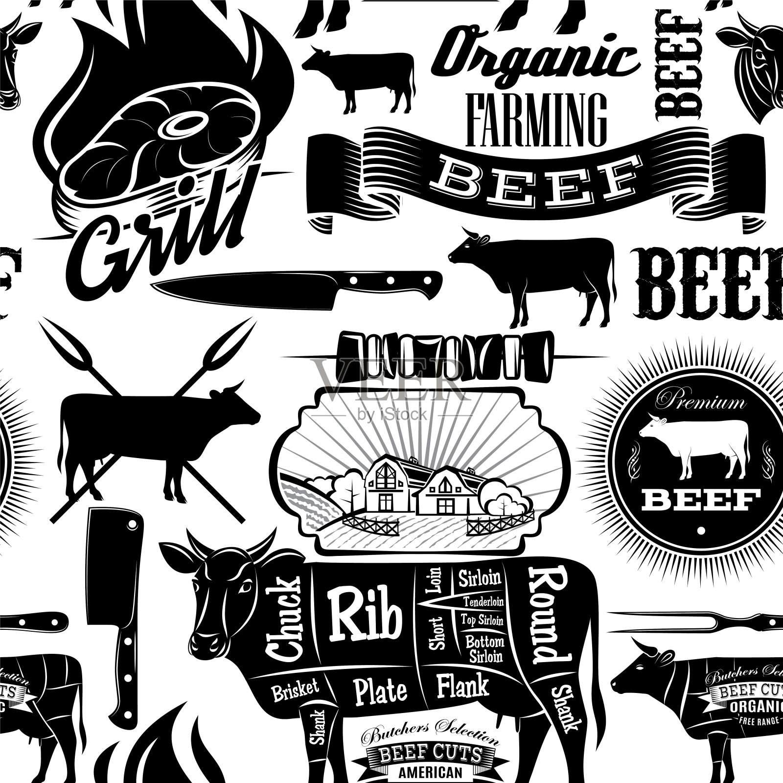 向量无缝的背景。牛的肉。肉店。单色插图插画图片素材