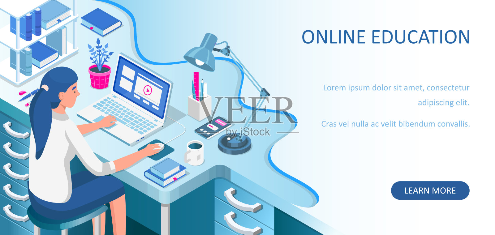 在家在线学习。学生坐在书桌前看笔记本电脑。电子横幅。网络课程或教程的概念。远程教育平面等距矢量图。插画图片素材