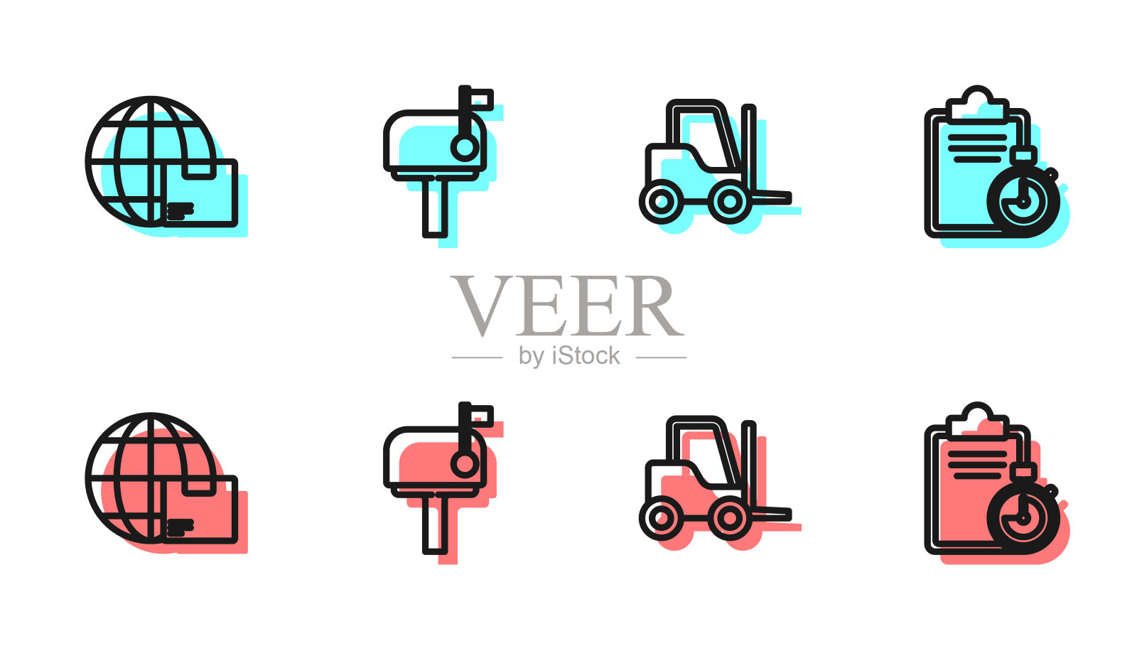 设置线叉车,全球运输和箱,邮件和验证送货清单剪贴板图标。向量图标素材