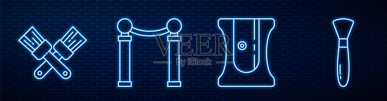 卷笔刀,交叉画笔,绘画展览,画笔和钢笔。砖墙上发光的霓虹灯图标。向量插画图片素材