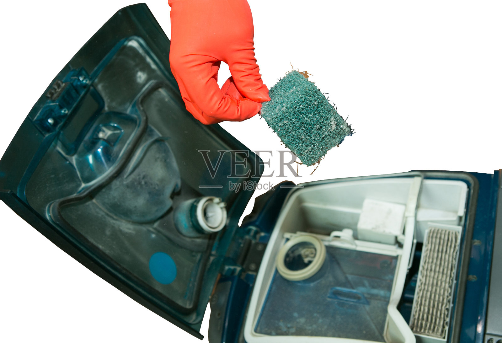 用带滤水器的真空吸尘器打扫房间的过程。拆卸肮脏的拒水过滤器。隔离。照片摄影图片