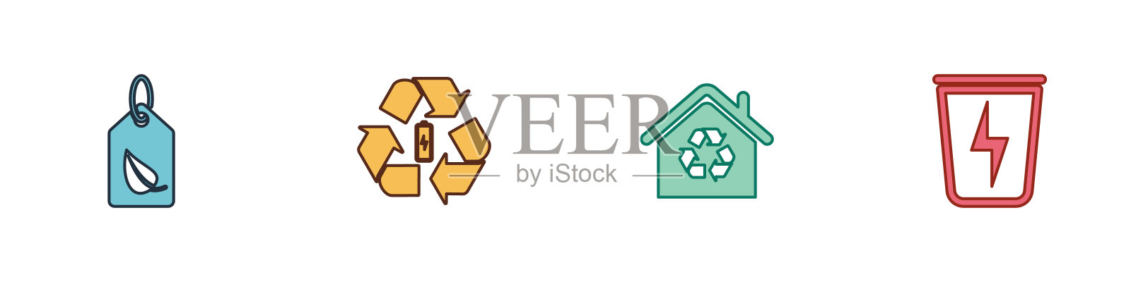 设置标签与树叶,电池回收,生态屋回收和闪电垃圾桶图标。向量插画图片素材