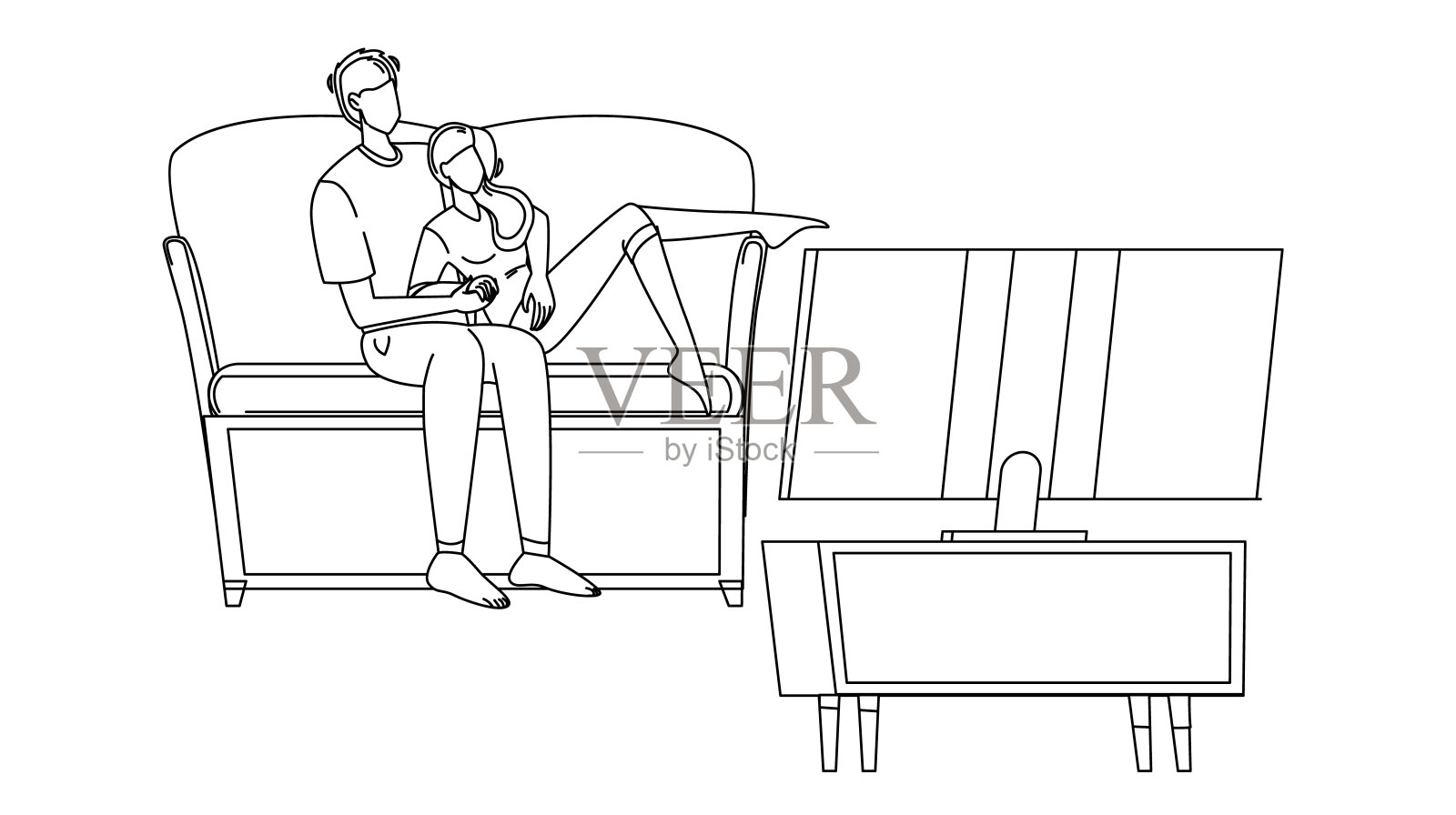 消遣夫妻一家人一起看电视矢量插画图片素材