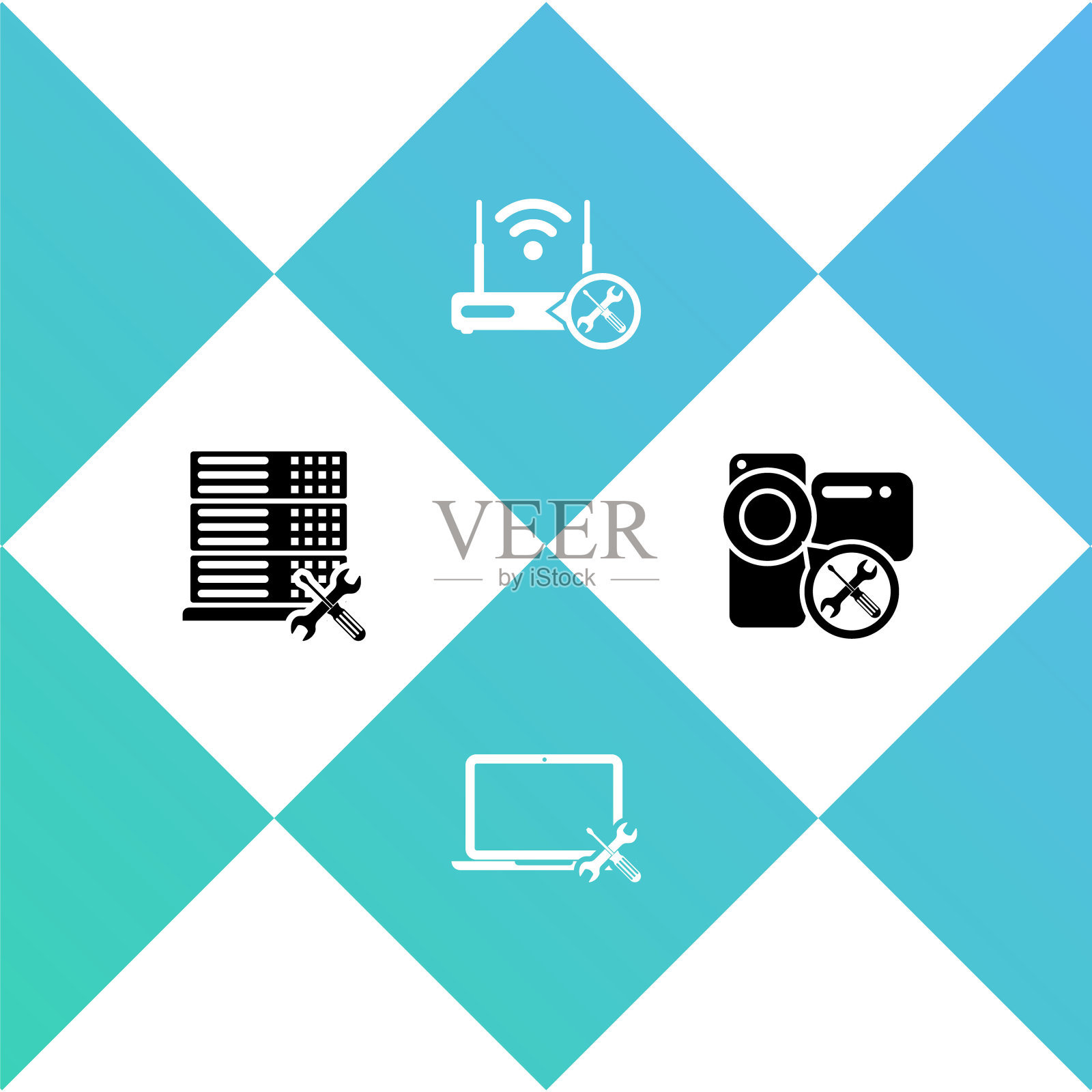 设置数据库服务器服务,笔记本电脑,路由器wi-fi与视频摄像头图标。向量图标素材