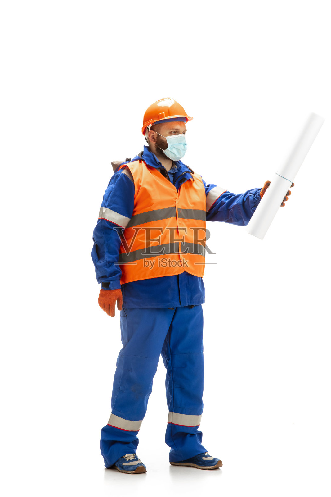 英俊的承包商,建筑工人隔离在白色的工作室背景照片摄影图片