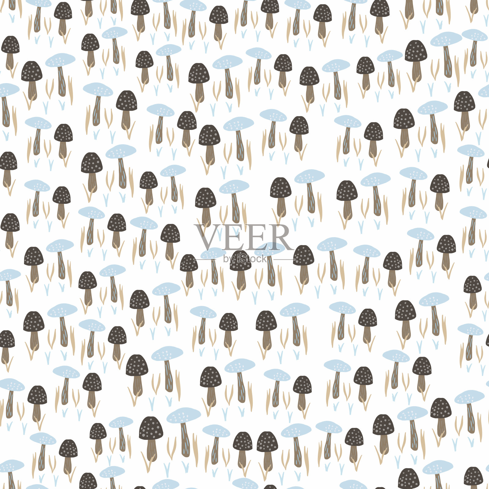 小蘑菇无缝隔离模式。涂鸦秋季印花与棕色和蓝色真菌元素的白色背景。插画图片素材