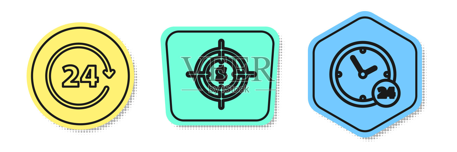 设定线时钟24小时,目标与美元符号和时钟24小时。颜色的形状。向量插画图片素材
