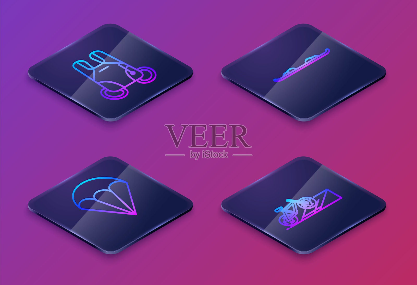 在坡道上设置降落伞、降落伞、滑雪板和自行车等距线。蓝色方块按钮。向量图标素材