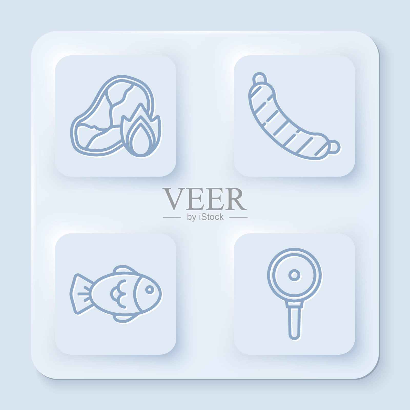 烤牛排肉和火焰,香肠,鱼和煎锅。白色方形按钮。向量插画图片素材