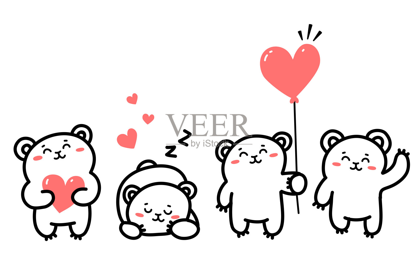 在白色的背景上不同姿势的快乐可爱的小熊的心矢量插图。插画图片素材