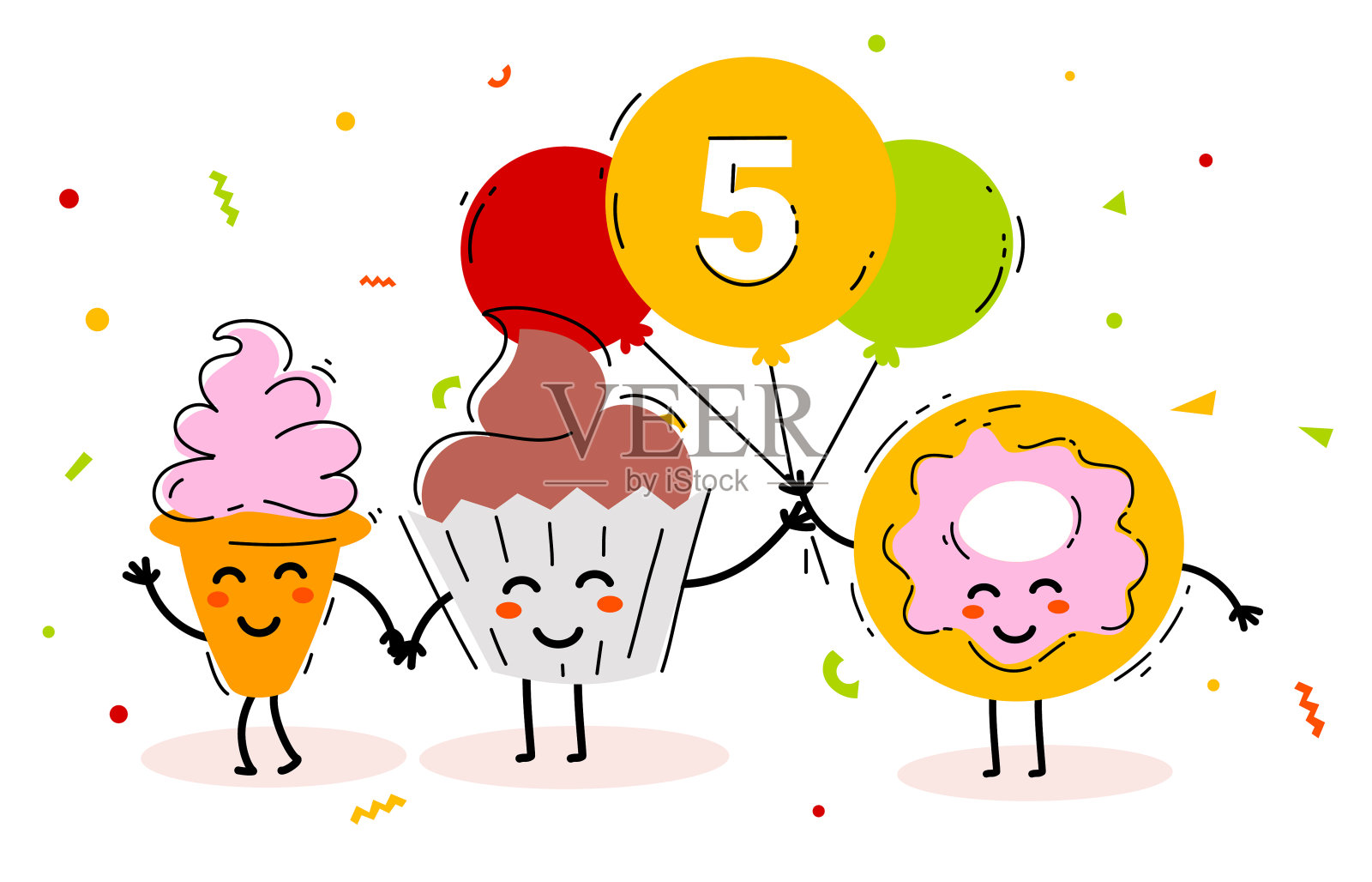 矢量快乐生日插图的甜快餐朋友一起与气球在白色的背景。插画图片素材