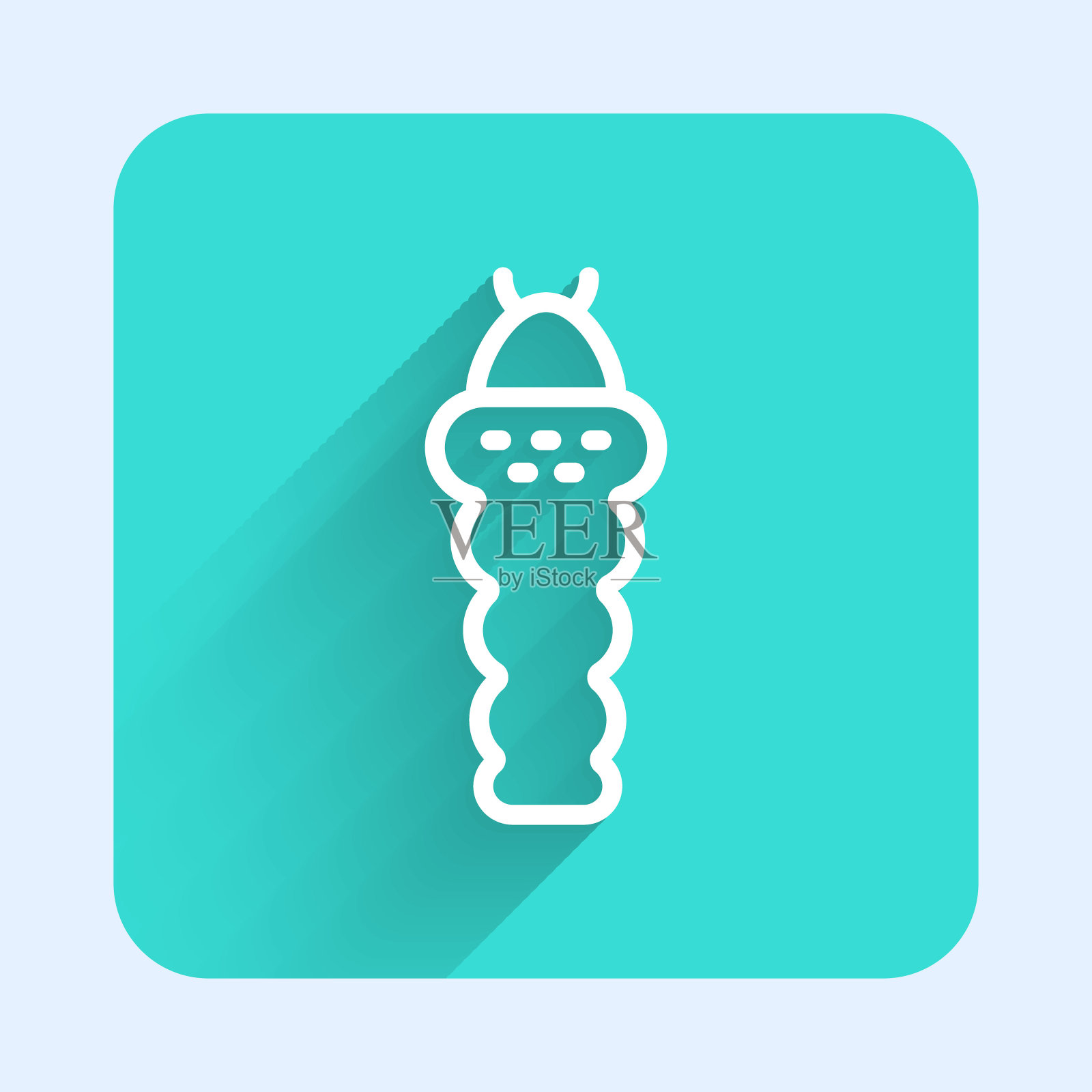 白色线幼虫昆虫图标孤立,有长阴影。绿色广场按钮。向量插画图片素材