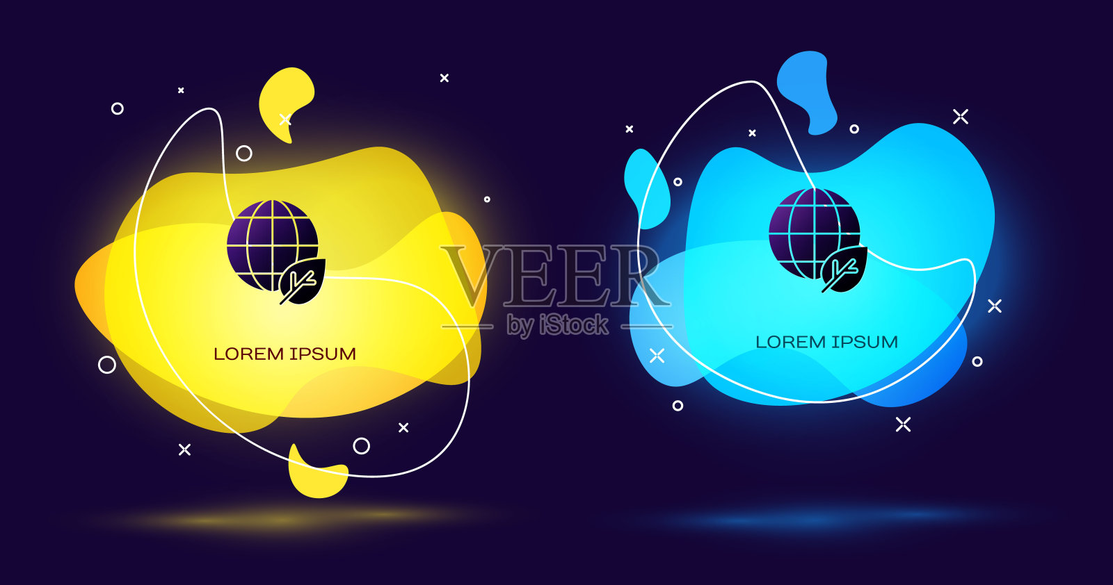 黑色地球地球仪和叶子图标孤立在黑色背景。世界或土相星座。几何形状。环境的概念。带有液体形状的抽象横幅。向量设计模板素材