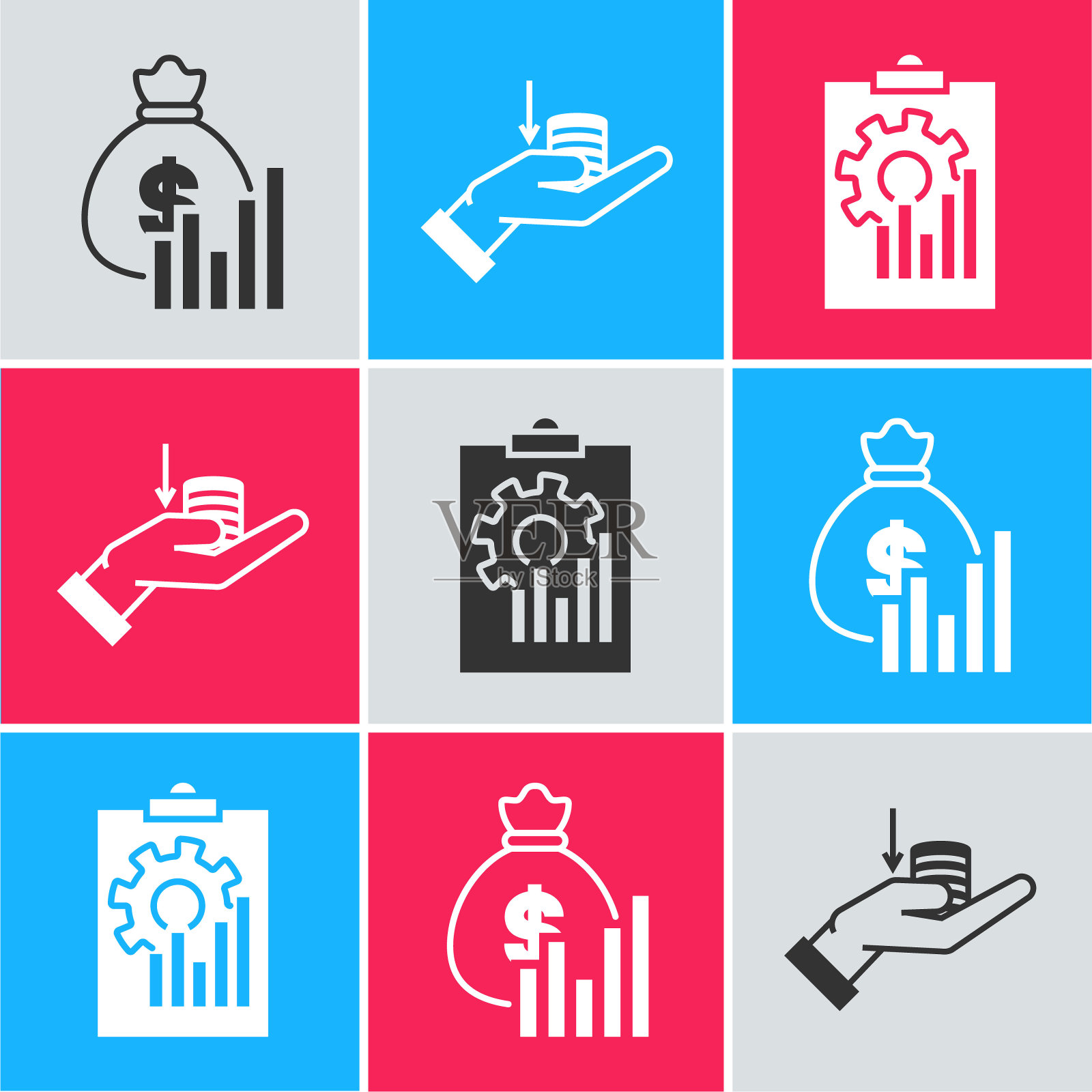 设置钱袋和图表图表,金钱在手和剪贴板与图表图标。向量插画图片素材