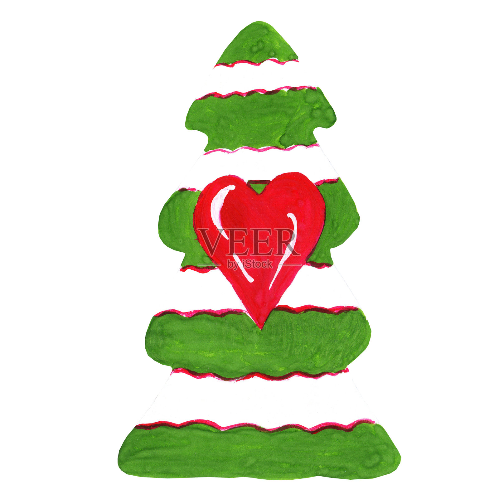 圣诞树,有装饰和蝴蝶结的卡通魔法树。绿色,红色,白色。插画图片素材