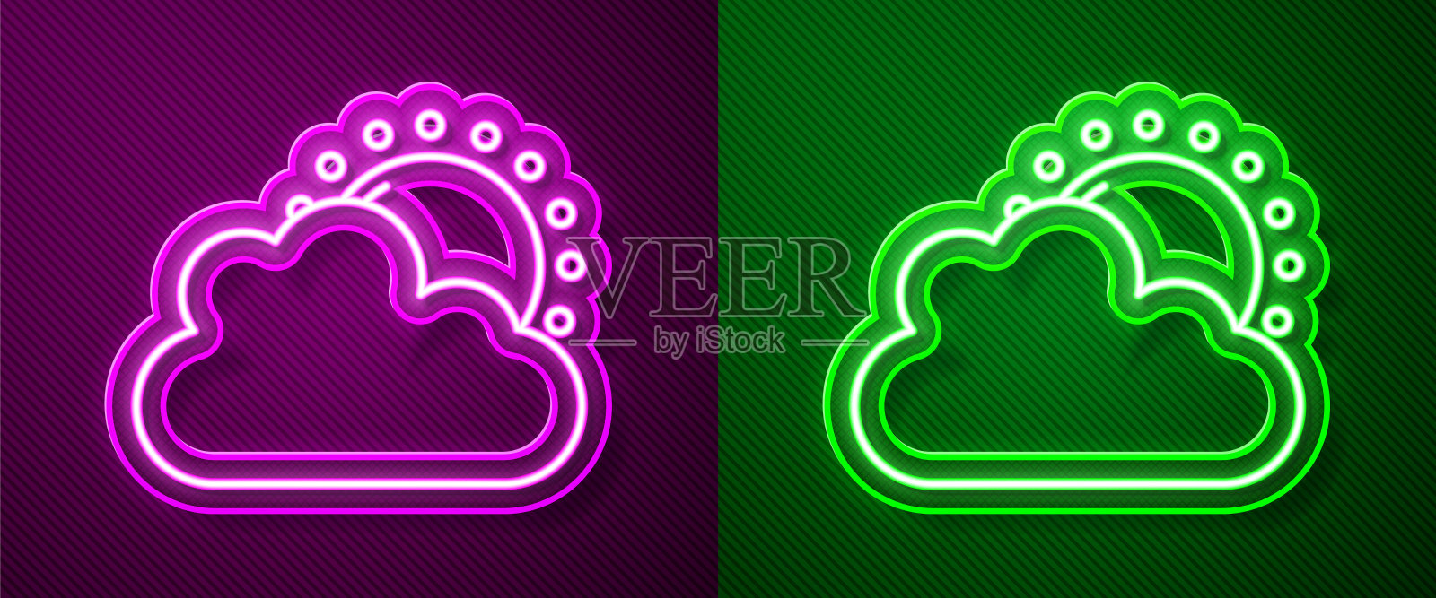 发光的霓虹灯线太阳和云天气图标孤立在紫色和绿色的背景。向量插画图片素材