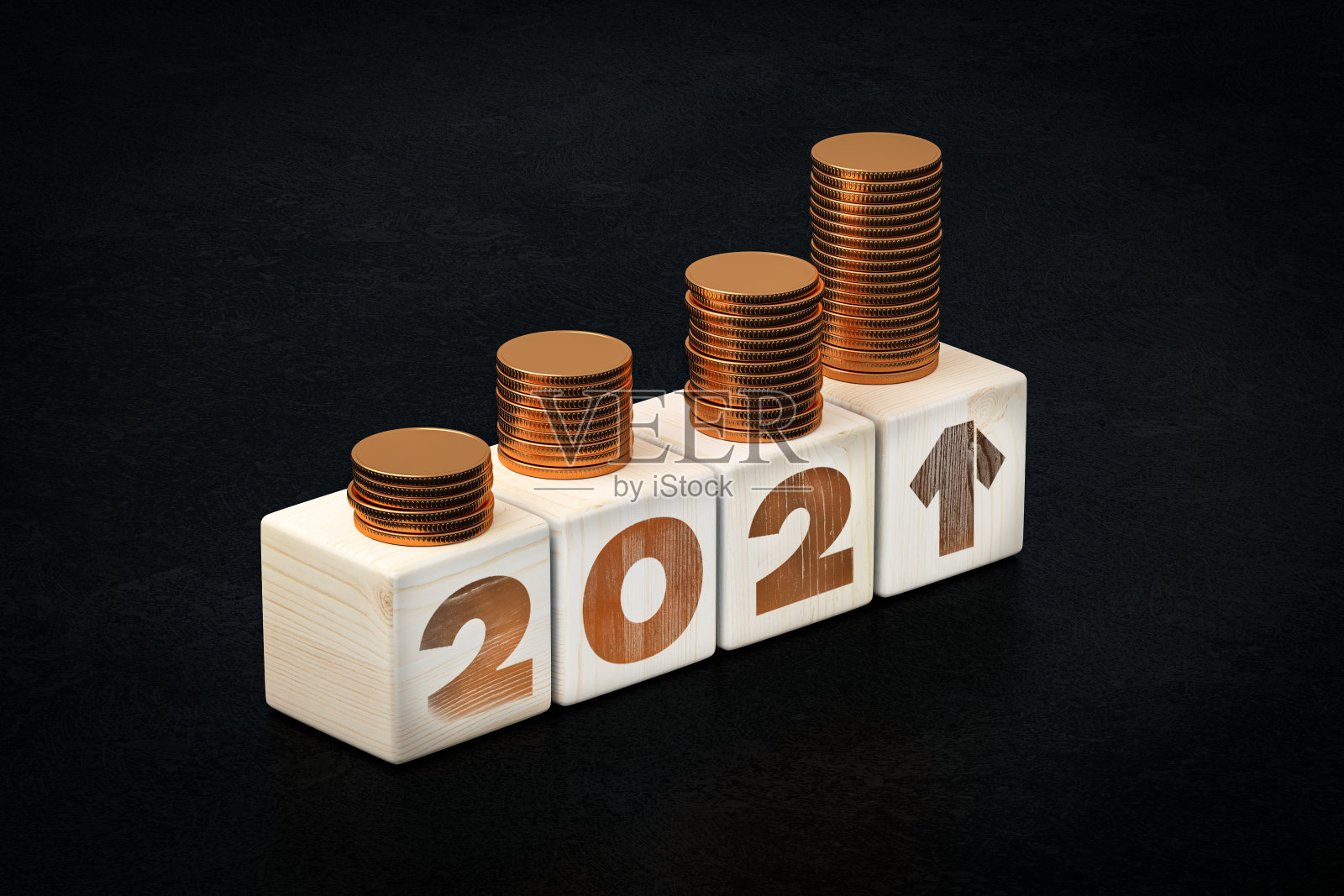 2021年投资策略资金不断增长,价值增长的存款木立方体-投资理念。三维渲染照片摄影图片