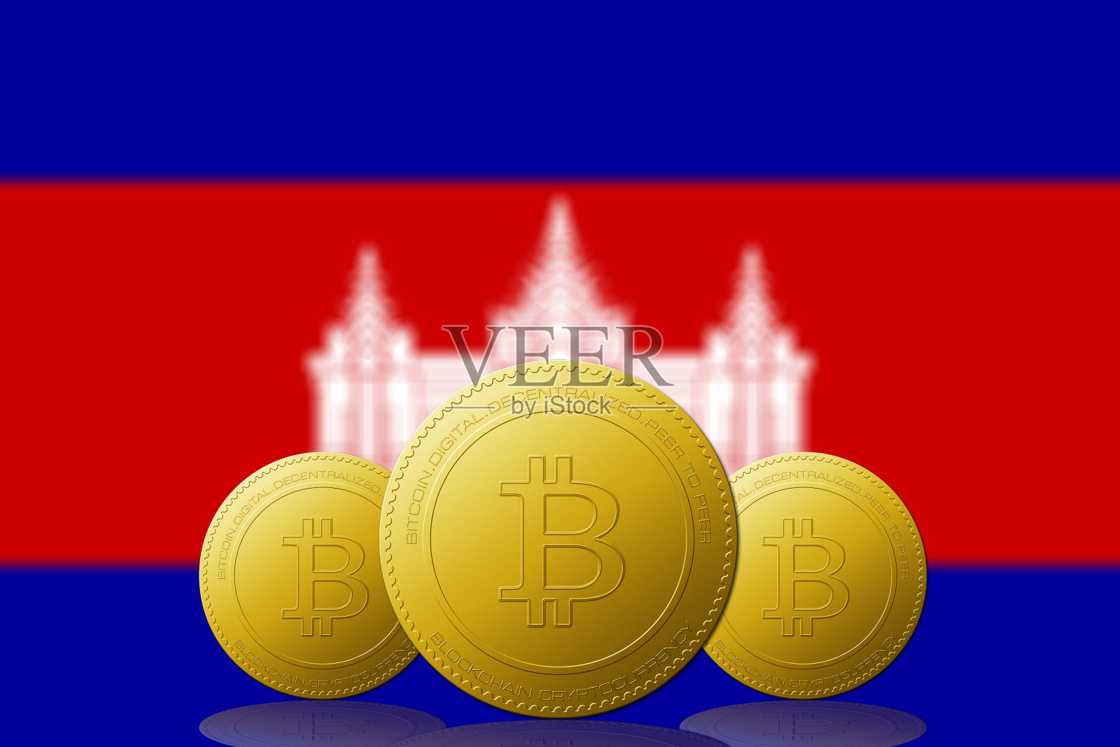 三种比特币加密货币,背景是柬埔寨国旗。插画图片素材