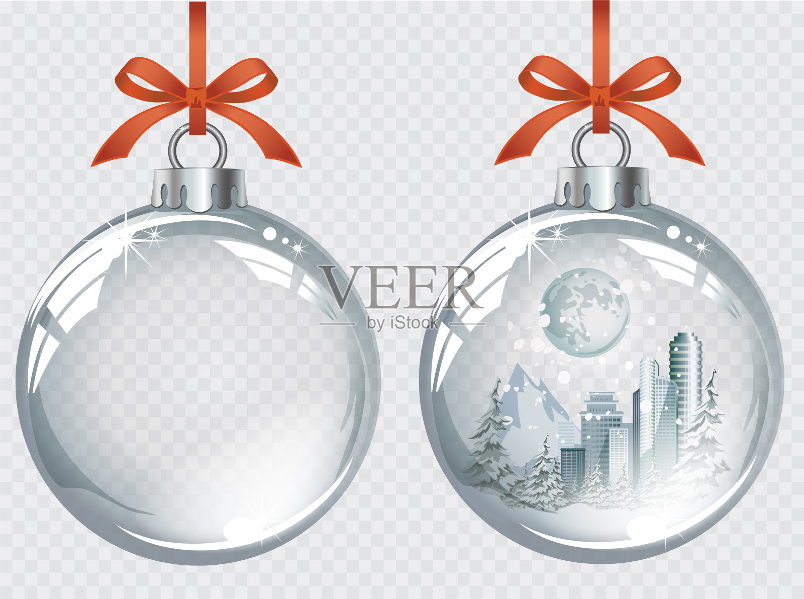 矢量现实透明银色圣诞球与冬季城市,雪和月亮插画图片素材