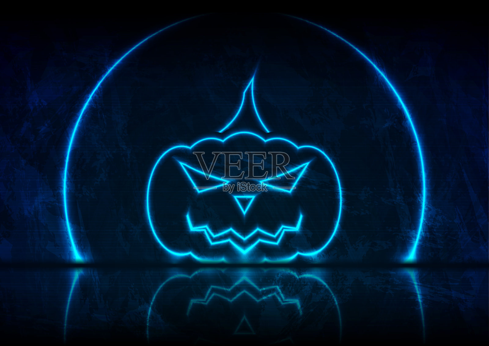 蓝色霓虹万圣节南瓜在垃圾墙的背景插画图片素材