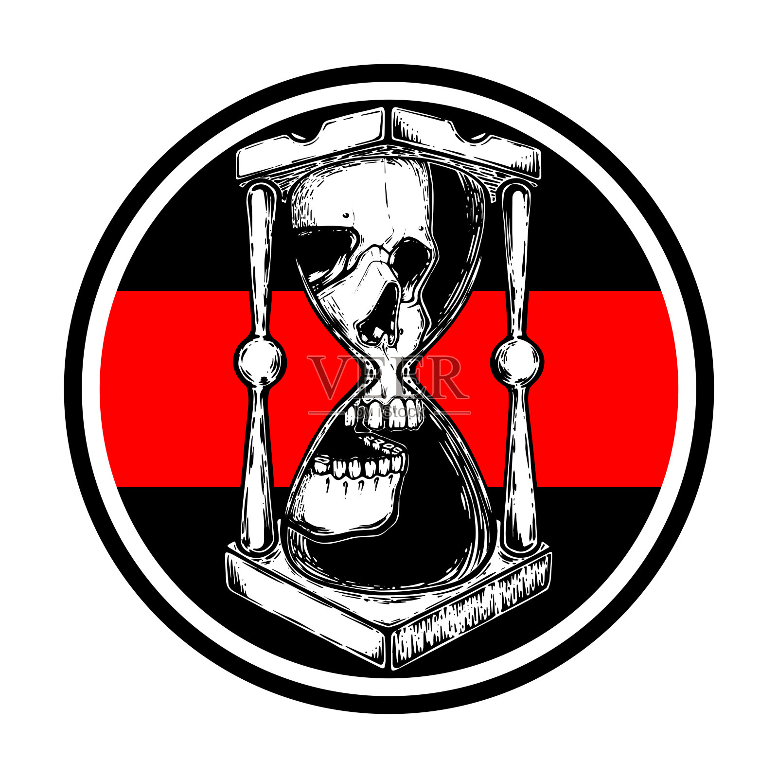 装饰古董死亡沙漏插图与头骨。手绘塔罗牌。纹身草图,时髦的t恤设计,复古风格的海报。纹身设计向量。插画图片素材