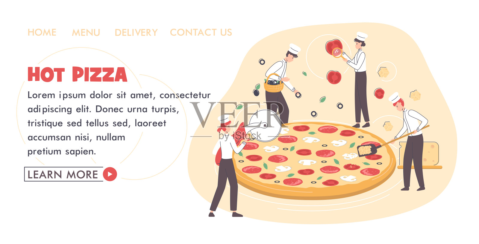 披萨制作概念卡登陆网页模板。向量插画图片素材