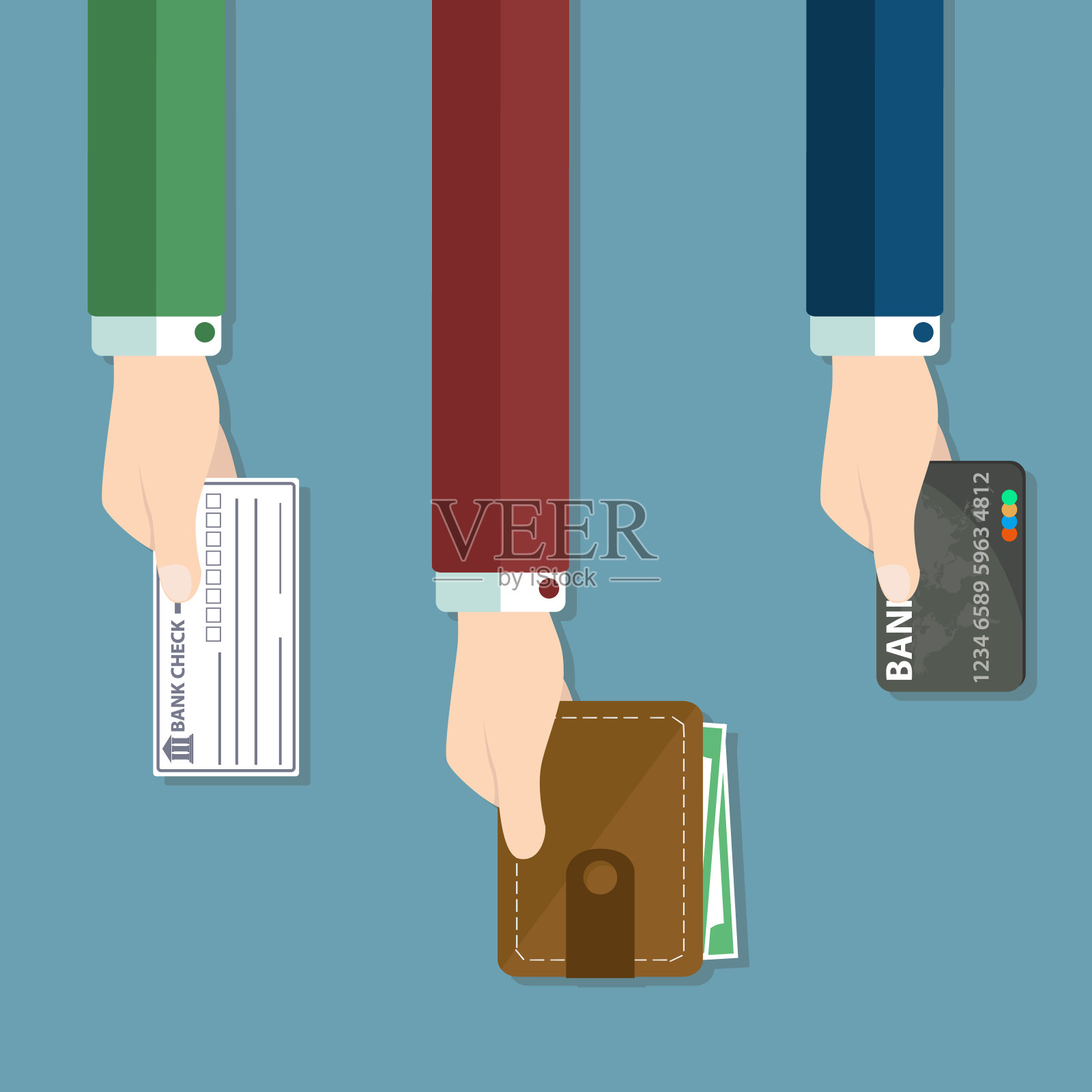 付款方式的概念。手握装有现金、信用卡和银行支票的钱包。插画图片素材
