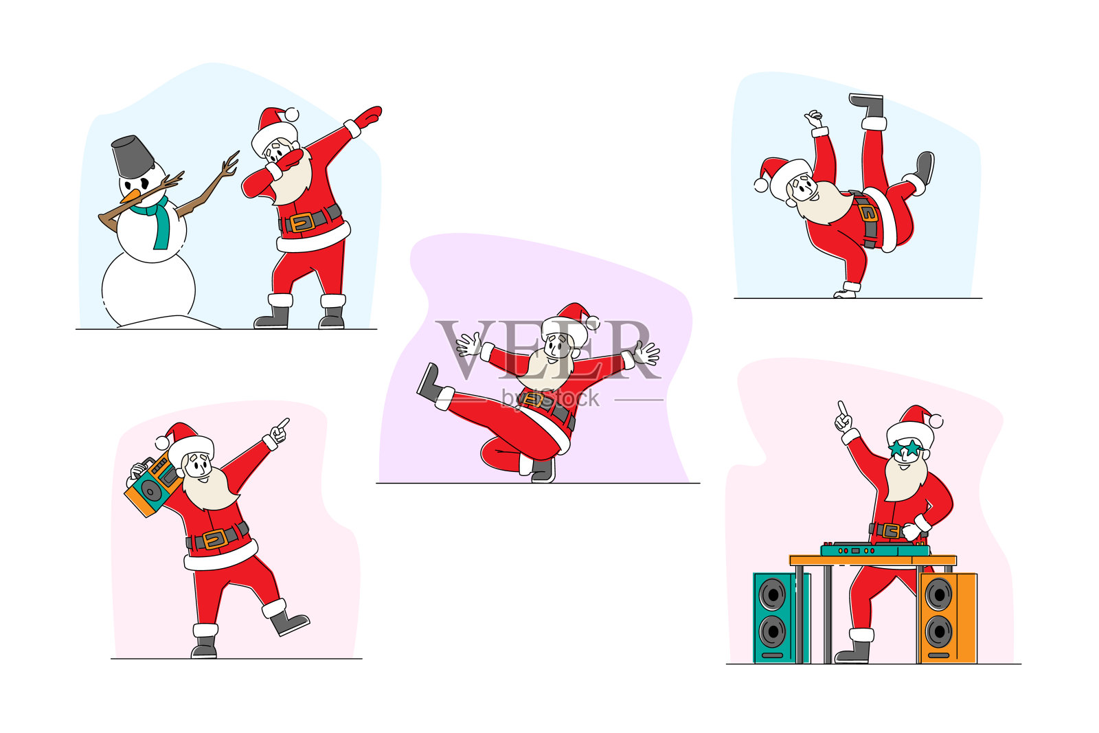 一组有趣的圣诞老人和雪人跳舞。圣诞人物Dabbing移动,霹雳舞和嘻哈风格,DJ派对插画图片素材