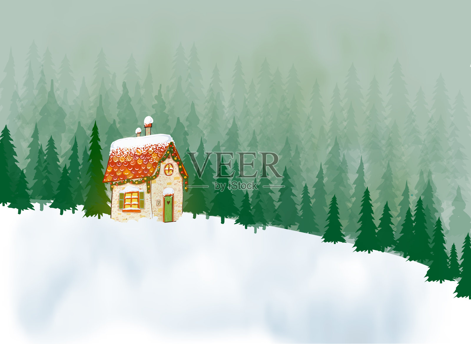 圣诞贺卡与可爱的小房子和树在雪的背景插画图片素材