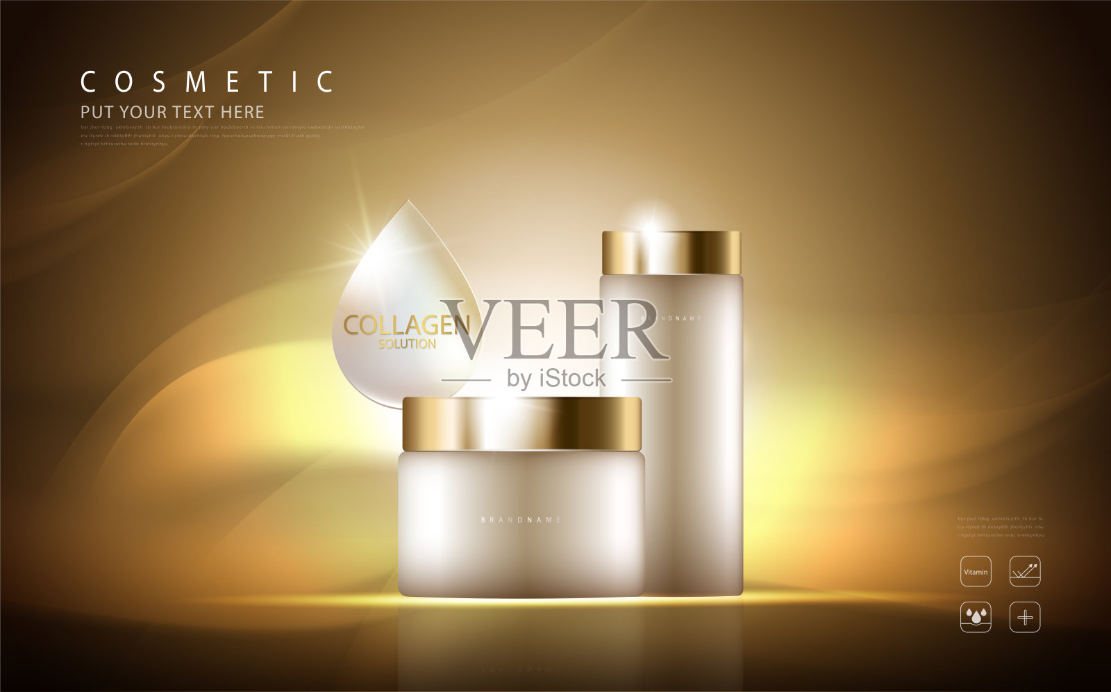 化妆品海报,瓶子包装设计与胶原蛋白霜或液体,闪闪发光的背景与闪光波尔卡,矢量设计。设计模板素材