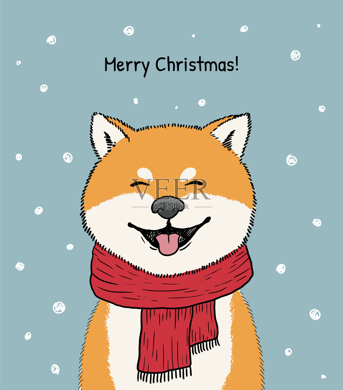 红色围巾微笑小狗圣诞节贺卡设计模板——矢量图插画图片素材
