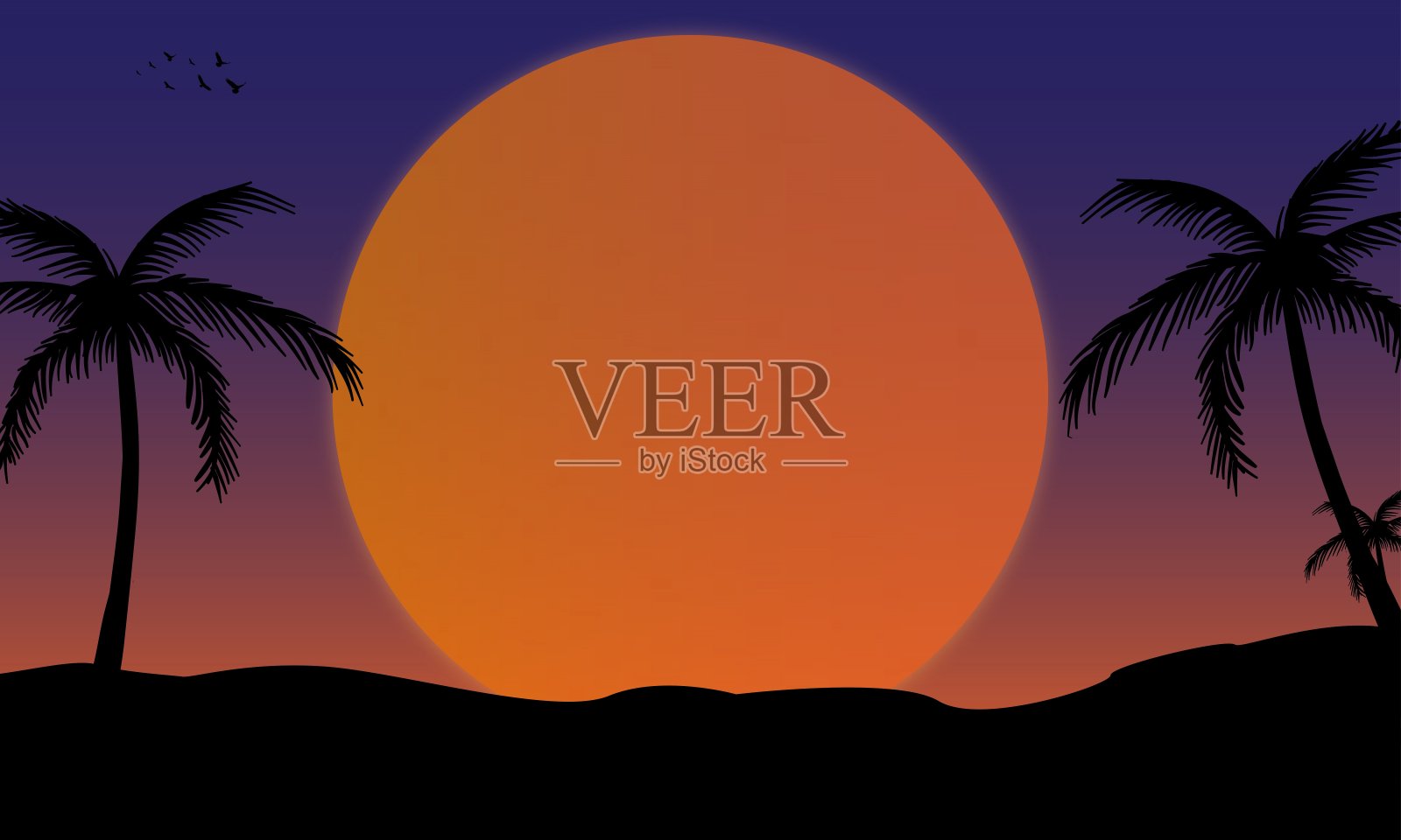 简单的景观插图与满月和棕榈树插画图片素材