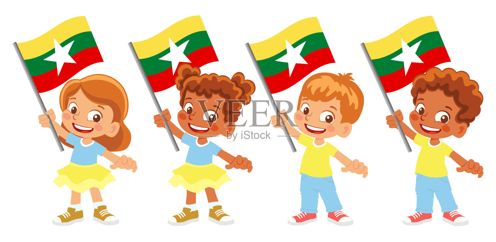 手持缅甸国旗的孩子插画图片素材