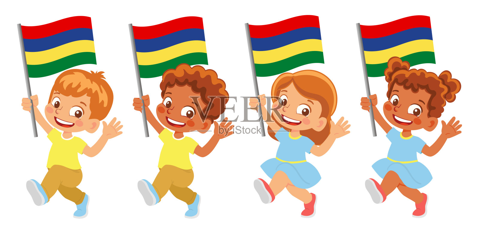 拿着毛里求斯国旗的孩子插画图片素材
