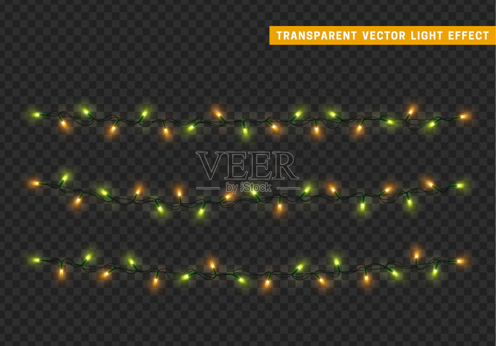 圣诞灯孤立的现实设计。灯的花环颜色是黄色和绿色。插画图片素材