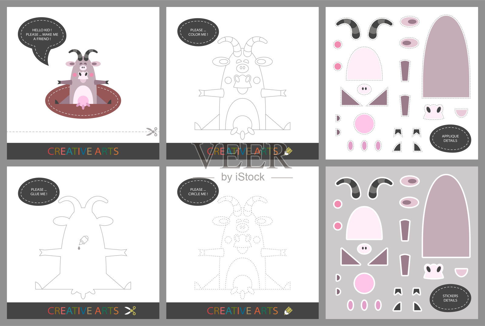 有趣的课程- DIY!一套儿童创造力的卡片。原装搞笑山羊,涂色书,点字连接,贴花模板,贴纸包装,切割集-矢量插画图片素材