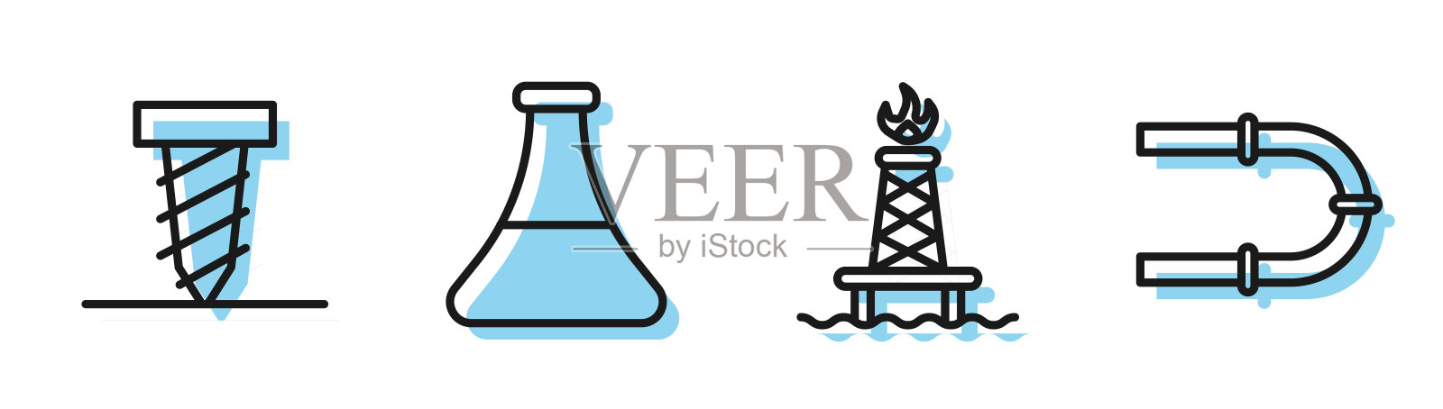 设定线石油钻机与火,旋转钻机挖孔,石油汽油测试管和工业管图标。向量插画图片素材