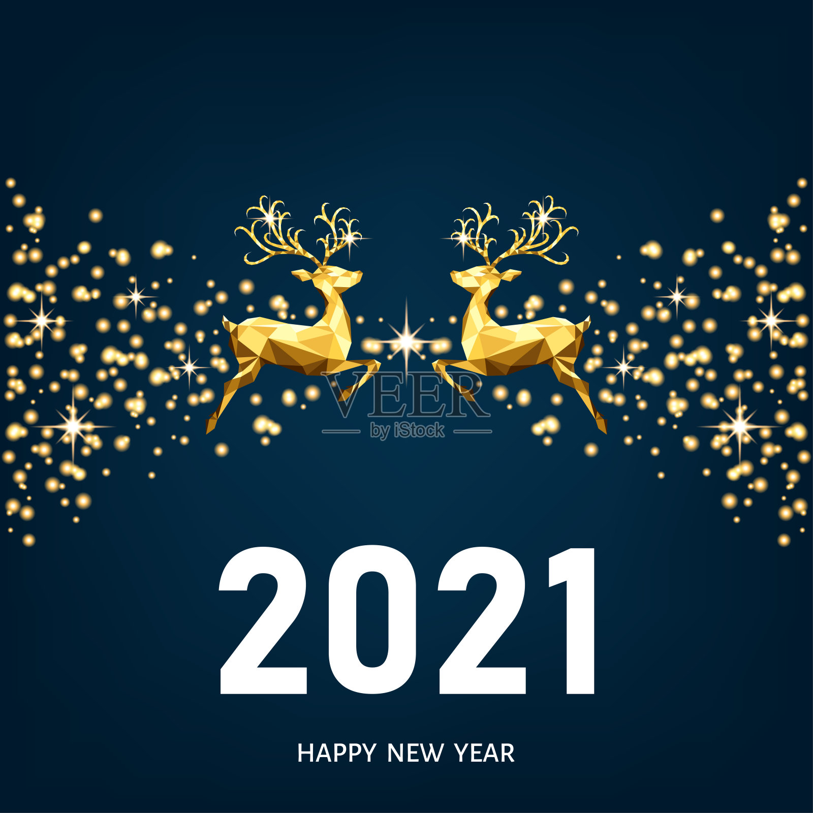 新年快乐2021蓝色背景与金色圣诞驯鹿。插画图片素材