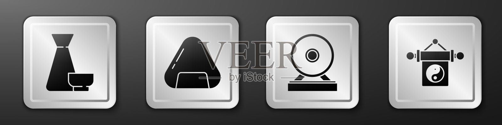 集中国茶道、寿司、宫、阴阳icon。银色方形按钮。向量图标素材